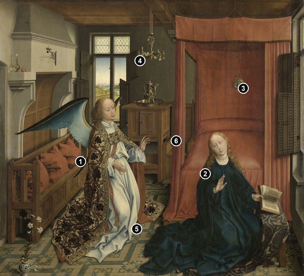 Annotated details from Annunciation Triptych by the workshop of Rogier van der Weyden